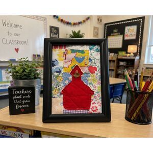Upcycled Teacher Gift little red schoolhouse vintage quilt block in 5x7" frame